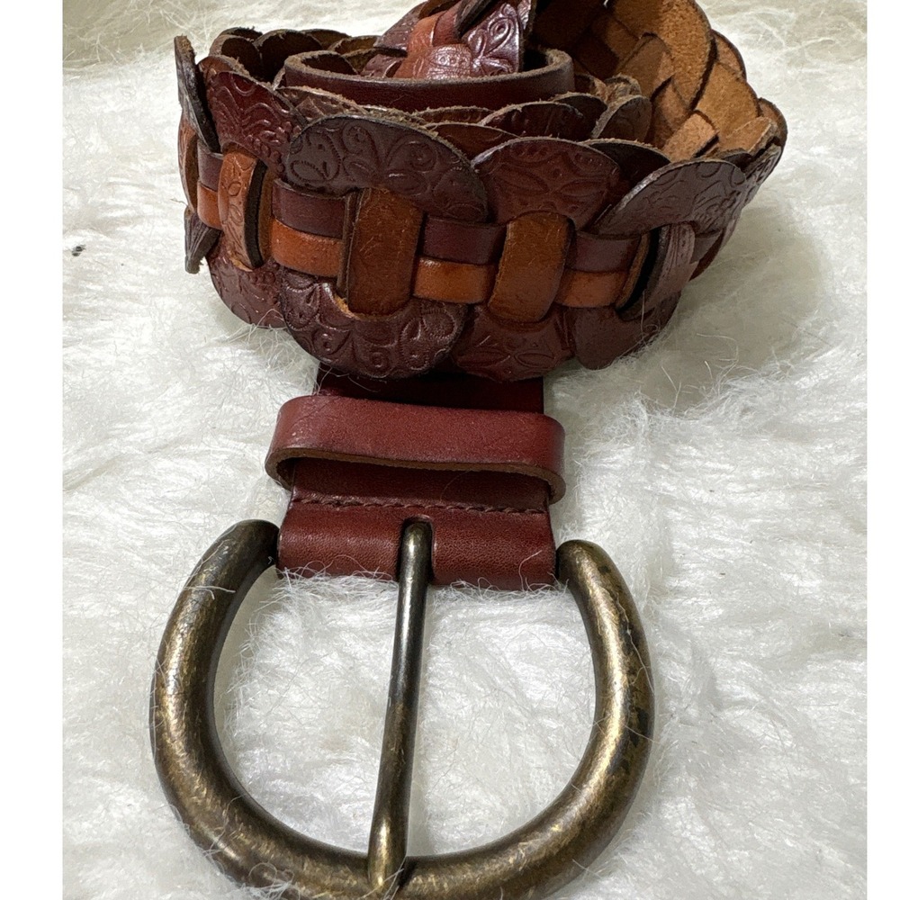 Fossil Belt Womens Medium Woven Scalloped Brown Leather Floral Embossed Y2K